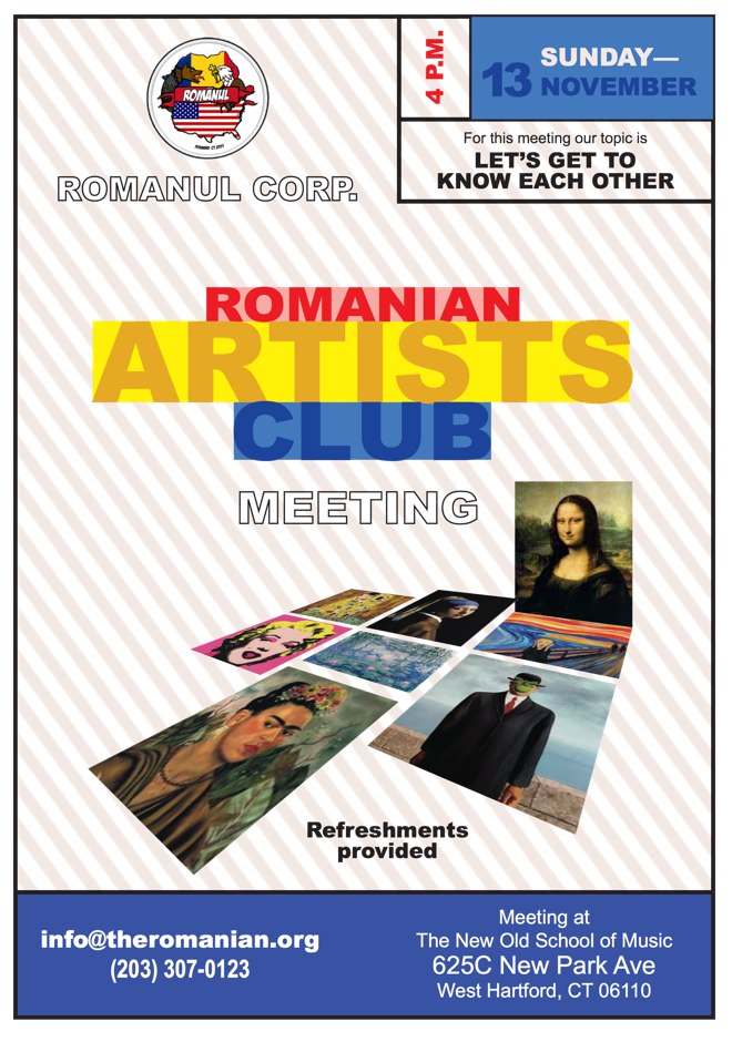 Romanul Corp is inviting Romanian artists from the area to join the Romanian Artists Club on November 13
