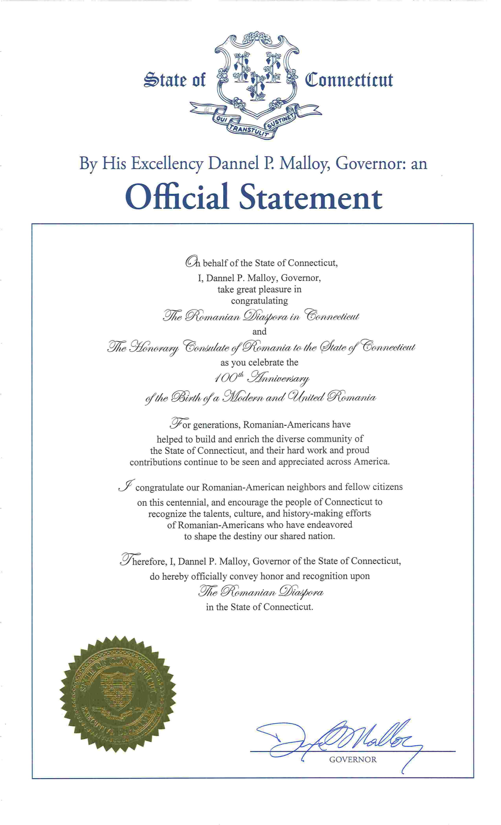 His Excellency, Governor  Dannel P. Malloy: Official Statement